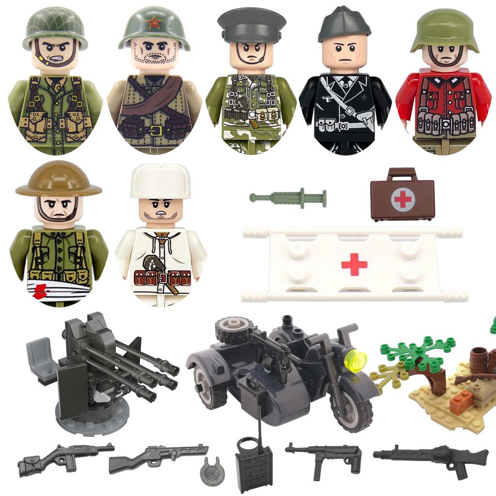 DIY WK2 Infanterie Sanitäter Soldat Motorrad Sowjetische US-Armee Militär Waffe Waffen Baustein Ziegel Kinder Kind Geschenke Spielzeug