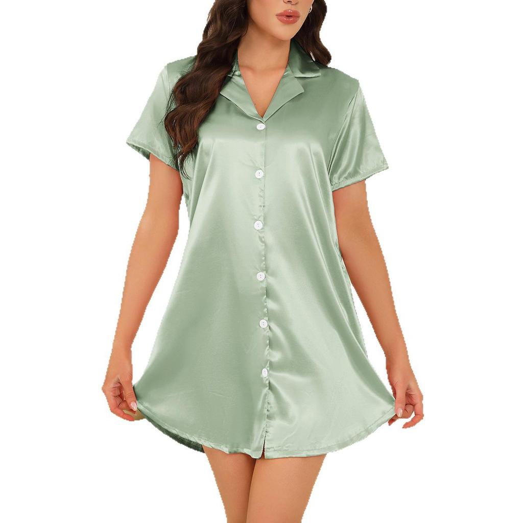 Women's Elegant Plus Size Grass Green A-line Lapel Button-up Nightgown Shirt