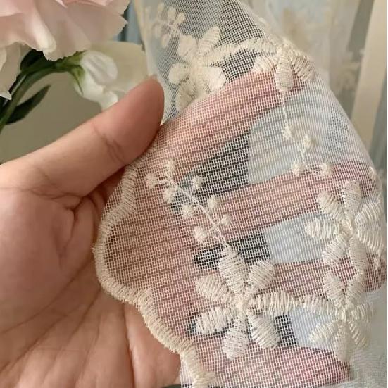 KMSG Bowknot Tie Up Kitchen Curtain Floral Balloon Lace Sheer Curtain Tiers for Small Cafe Windows Rod Pocket Light Filtering Ruffled Voile Window