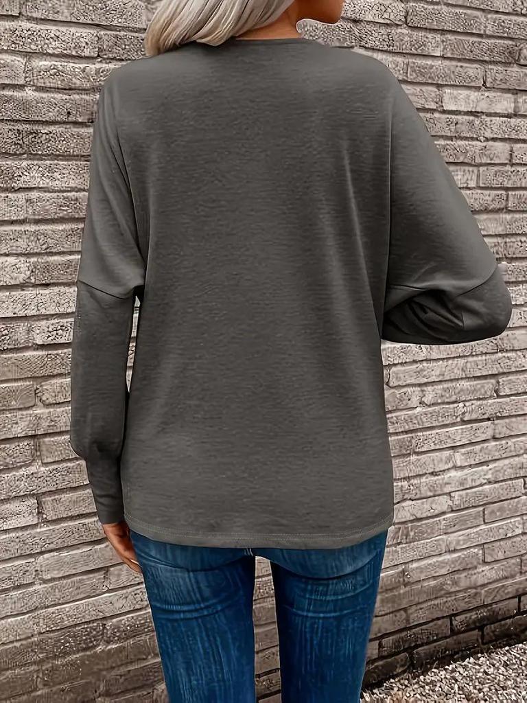 Women's Elegant V-neck Long-sleeve Solid Color T-shirt for Autumn/Winter