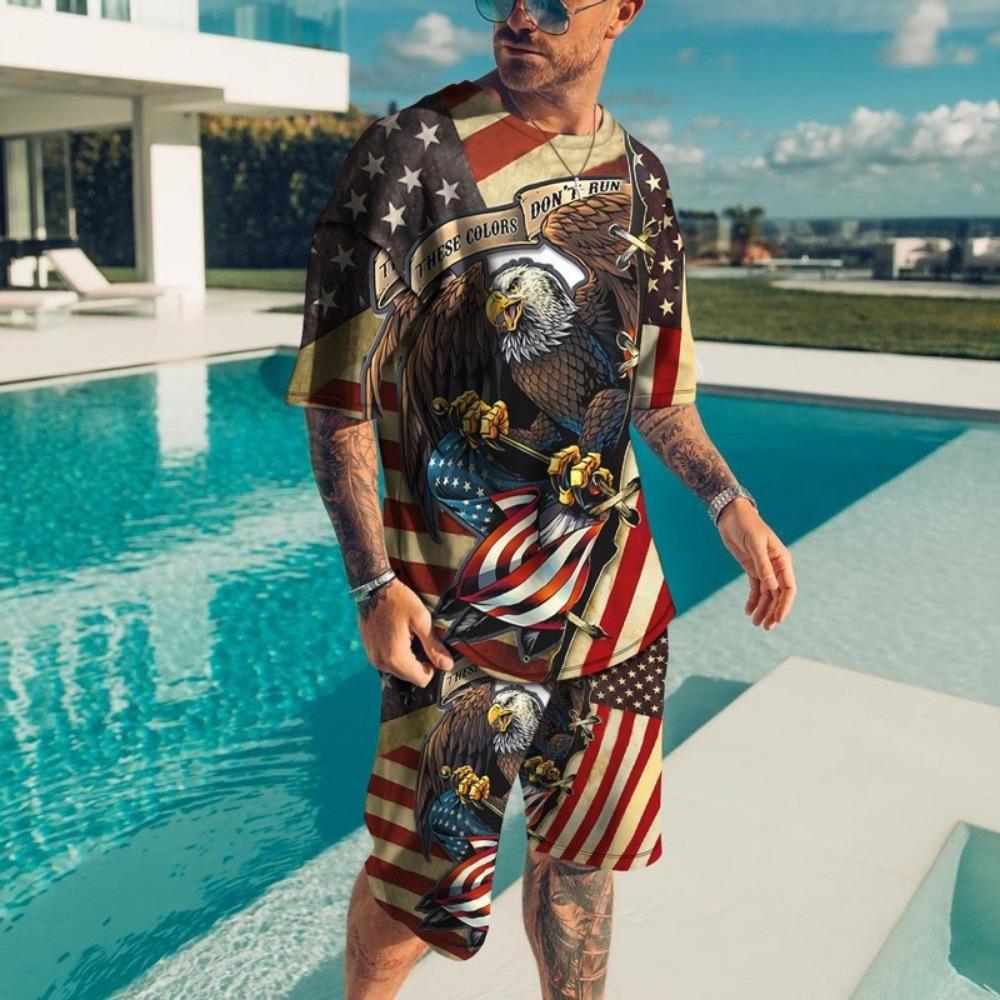 Новый мужской пляжный комплект в винтажном стиле: футболка с коротким рукавом и принтом 3D Флаг США + шорты, комплект из 2 предметов, летний оверсайз костюм-трек 6XL