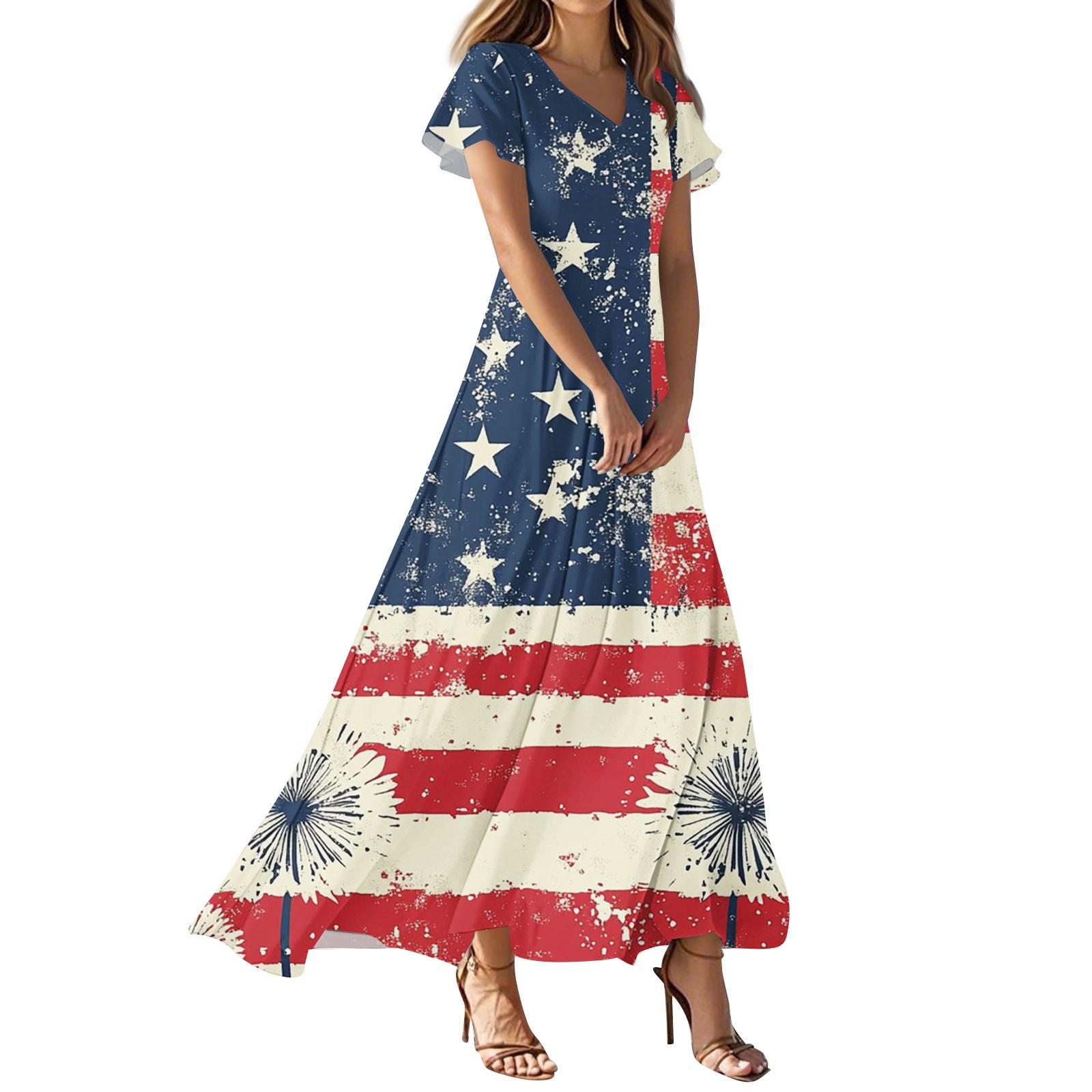 

Женские повседневные модные платья с принтом ко Дню независимости, платья с коротким рукавом и V-образным вырезом L