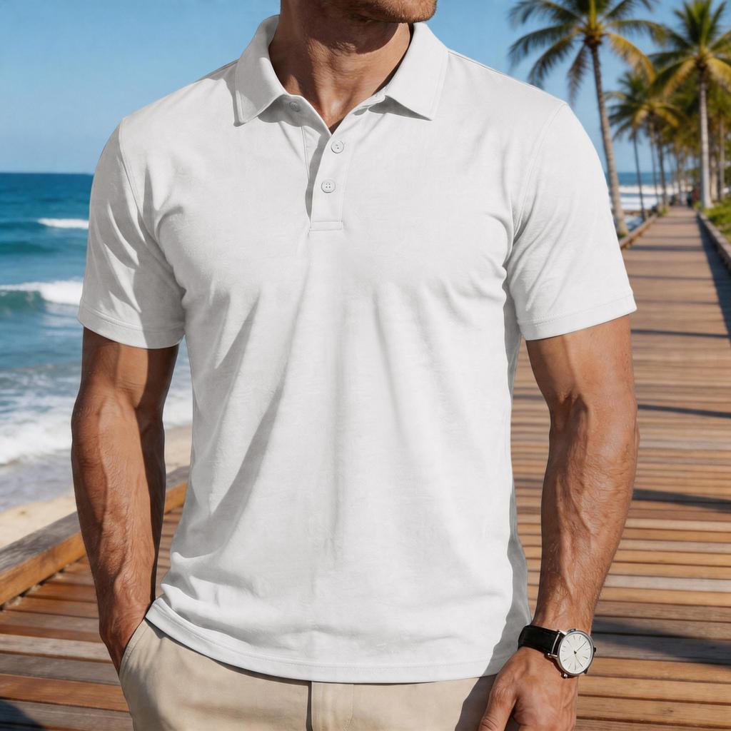 Men's Short Sleeve Polo Shirt Classic Fit Button Down Collar Casual Lightweight Breathable Fabric Summer Top