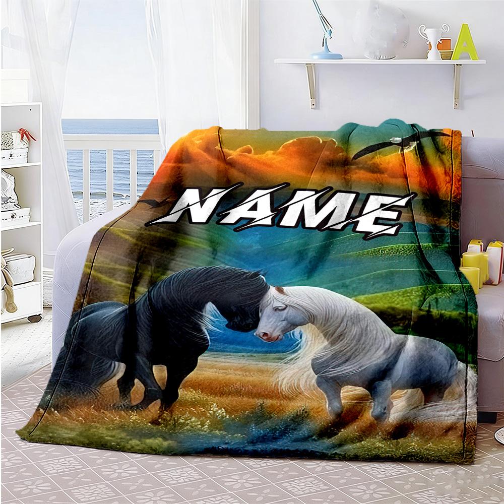 Black White Horse Customize Your Name Blanket Cozy Customizable Blanket Soft Warm Cozy Suitable for Nap Bedding Office Bed All-Season Use