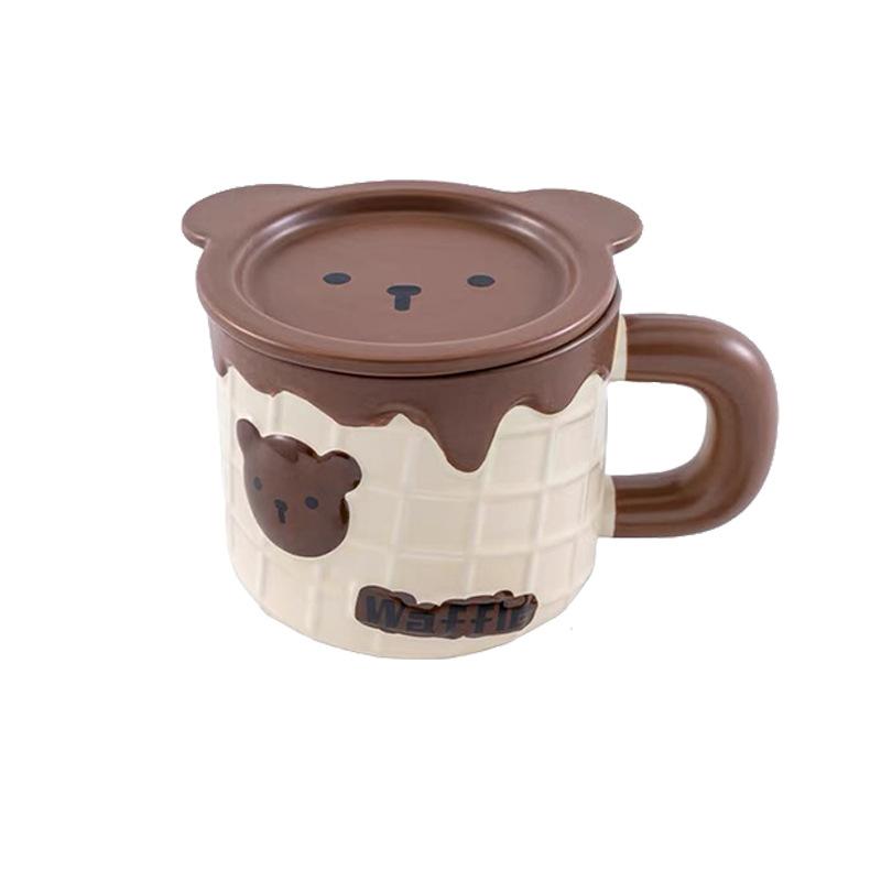 Niedlicher Cartoon Bär Waffel Keramikbecher mit Deckel Löffel Hochwertig Aussehende Büro Kaffeetasse Souvenir