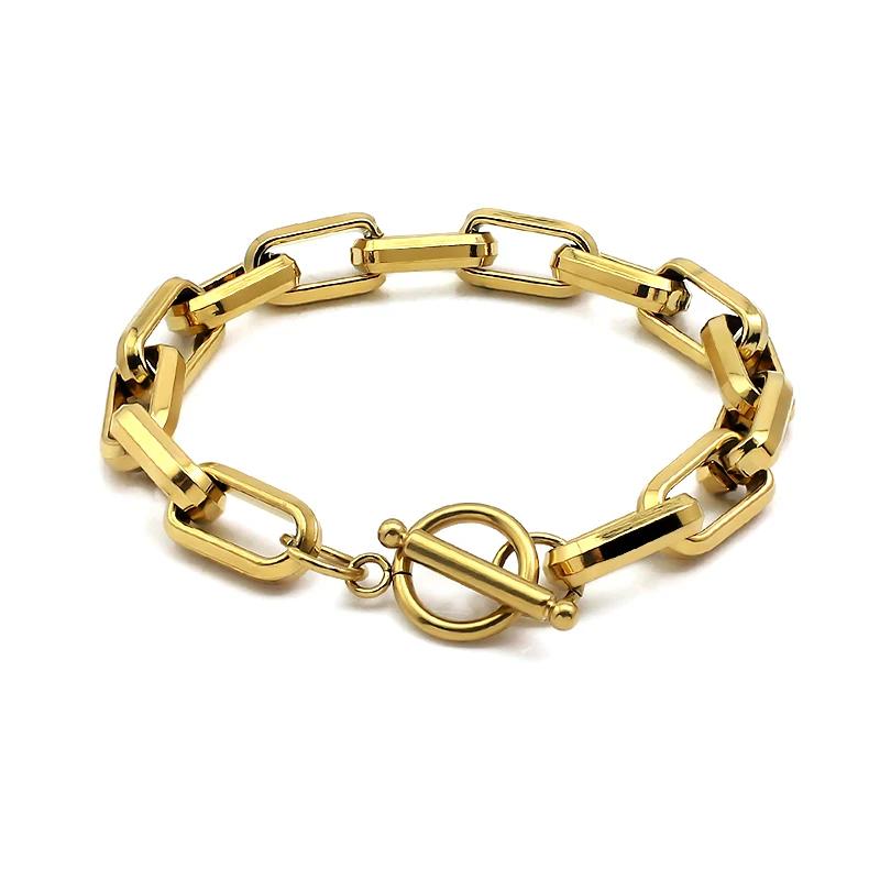 Unisex Stainless steel Oval Round Corner Link Chain T Toggle Clasp Bracelets for Women Men Hip Hop Punk Style Hand Jewelry