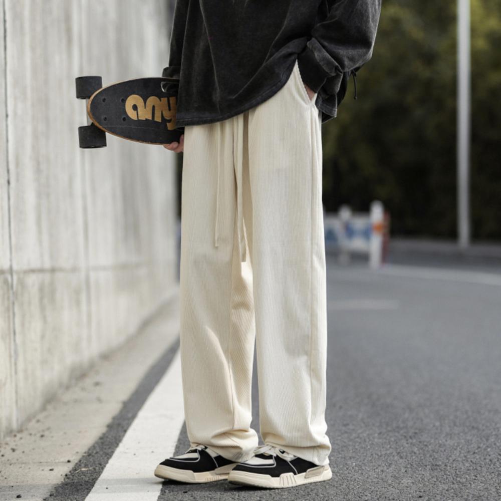 Pantaloni Casual Bărbați Primăvară Vară Culoare Solidă Catifea Cord Drepți Largi Design cu Șnur Talie Elastică Moale Sport Timp Liber Streetwear