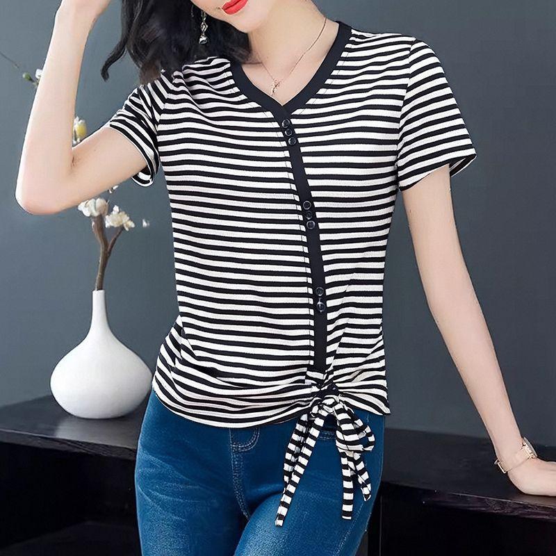 Striped Drawstring Short-sleeved V-neck T-shirt Summer Women's New Large-size Casual Pullover Top