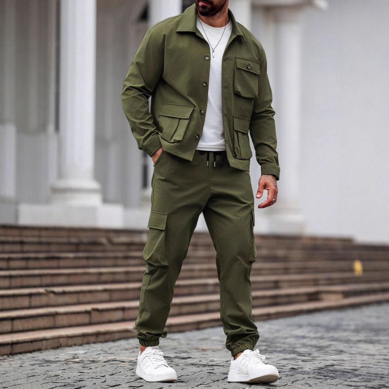 Men American Vintage Workwear Multi Pocket Casual Two Piece Clothing Set S зелёный