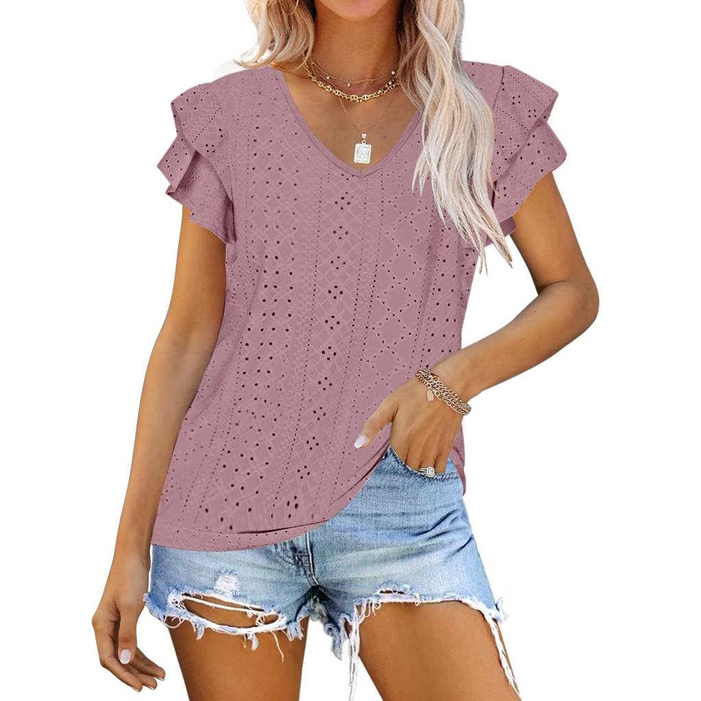 Women's V Neck T Shirt Summer Hollow Casual Ruffle Sleeve Tops Blouse