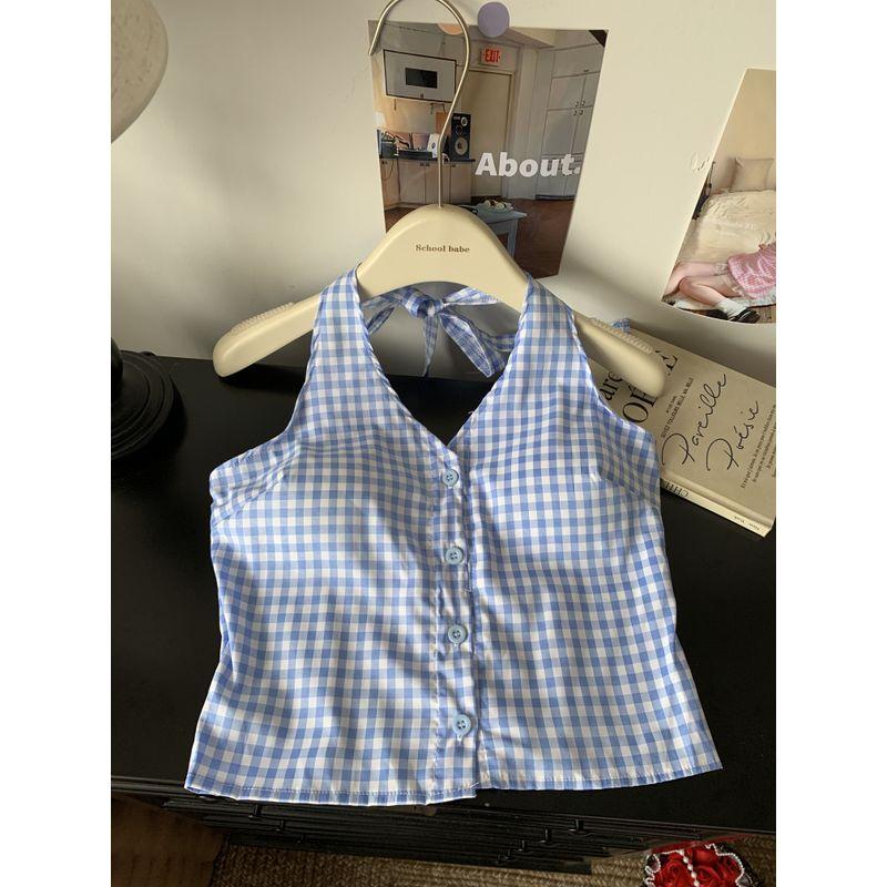 Kumikumi Retro Gyaru Plaid Halter Top Sling Women Clothes Summer Niche Chic Slimming Outer Wear Top
