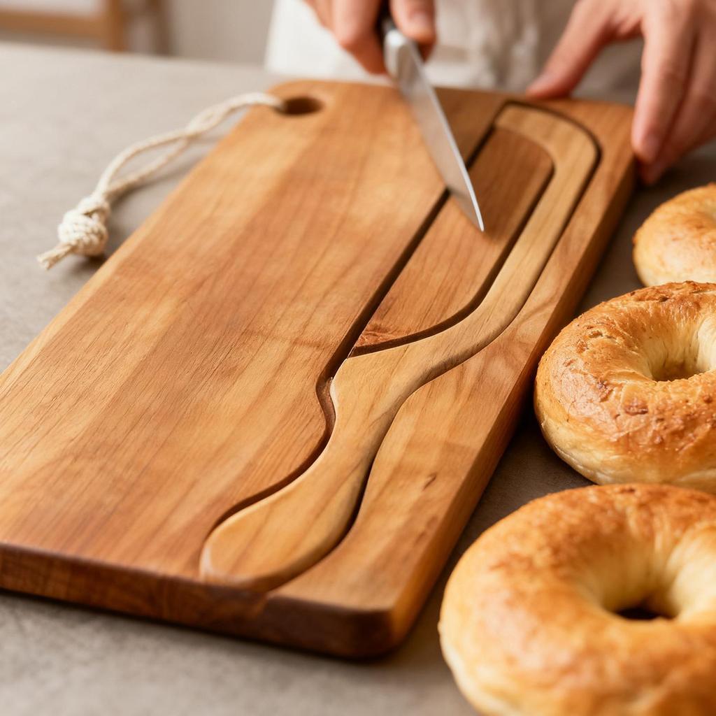 Bread Cutting Board Stainless Bow-Shaped Cutter Wood Bread Slicing Board Set for Left and Right Hands Bagels French Baguettes