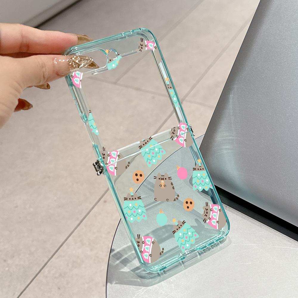 

Cute Cartoon Cat P-Pusheens Metal Connector Phone Case for Samsung Galaxy Z Flip3 Flip4 Flip5 Flip6 Flip7 Candy Color Soft TPU Samsung Z Flip5 5G