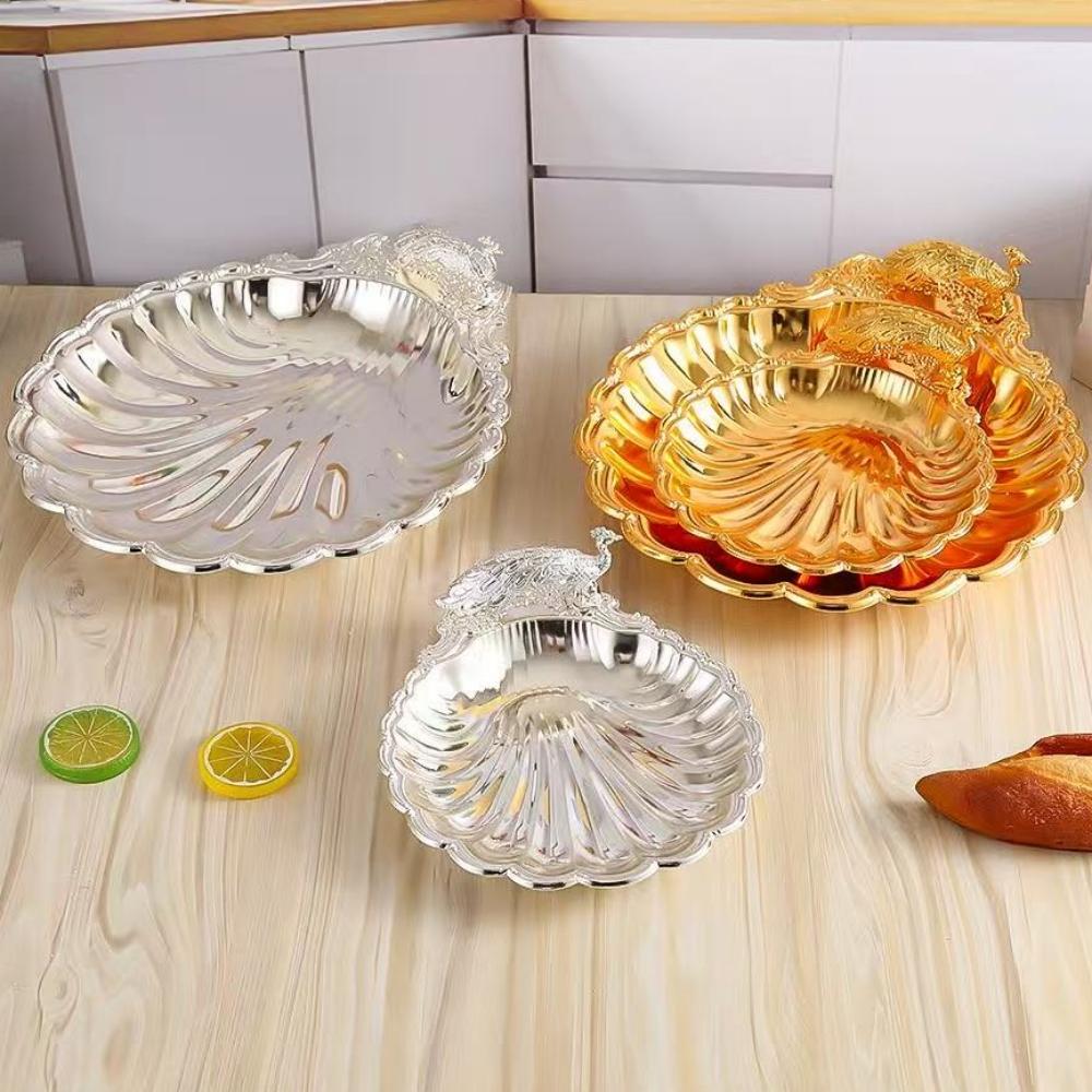 Multiple Sizes Peacock Shape Fruit Tray,Retro Alloy Engraving Shell Texture Home Cheese Food Plate,Snack Disc Table Decoration