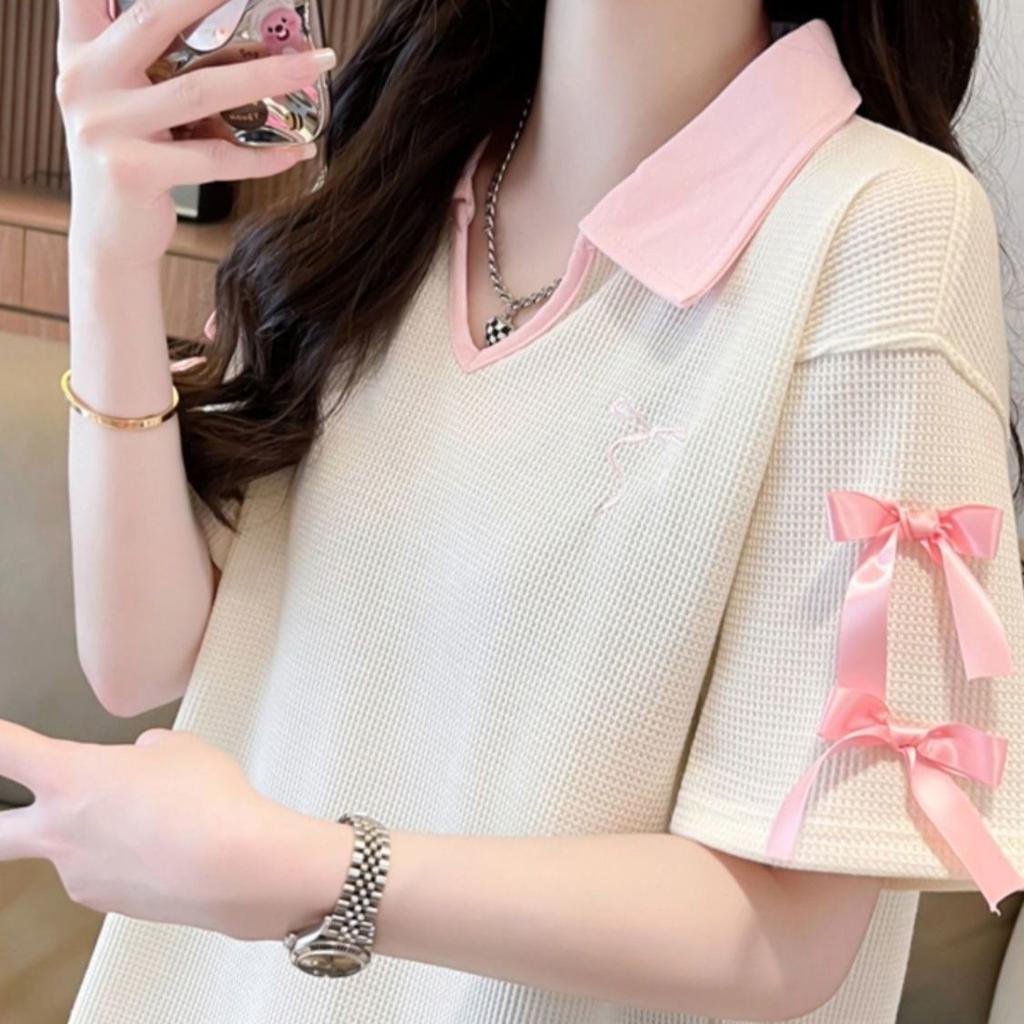 Large size fat mm waffle polo collar short-sleeved t-shirt women's summer new loose and thin bow top
