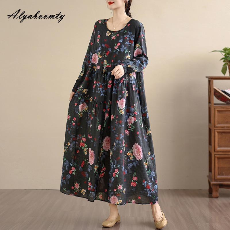 Plus Size Spring Autumn Women Baggy Dress O Neck Floral Print Vintage Oversized Dress Long Sleeve Retro Midi Cotton Dress