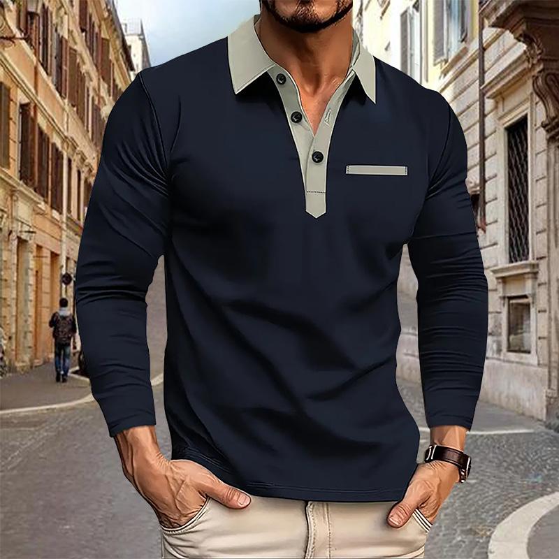 

Spring and Autumn Men s Long Sleeved Polo Shirt Business Casual Fashion Classic Lapel Neck Shirt European and American Plus Size S темно-синий