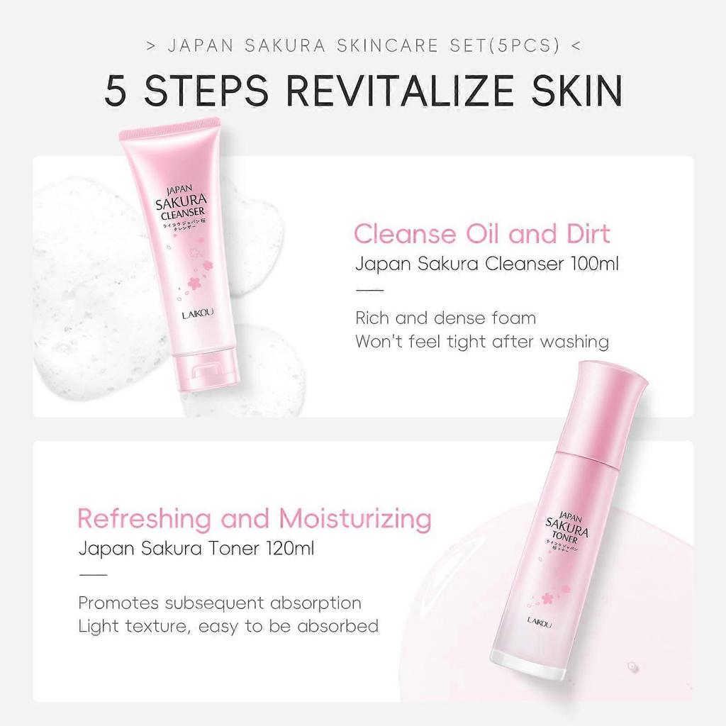 LAIKOU Kirschblüten Hautpflege Geschenkset: Luxus-Glasflaschen-Set für Frauen & Teenager-Mädchen, Reinigungsmittel, Toner, Serum, Augencreme & Feuchtigkeitscreme
