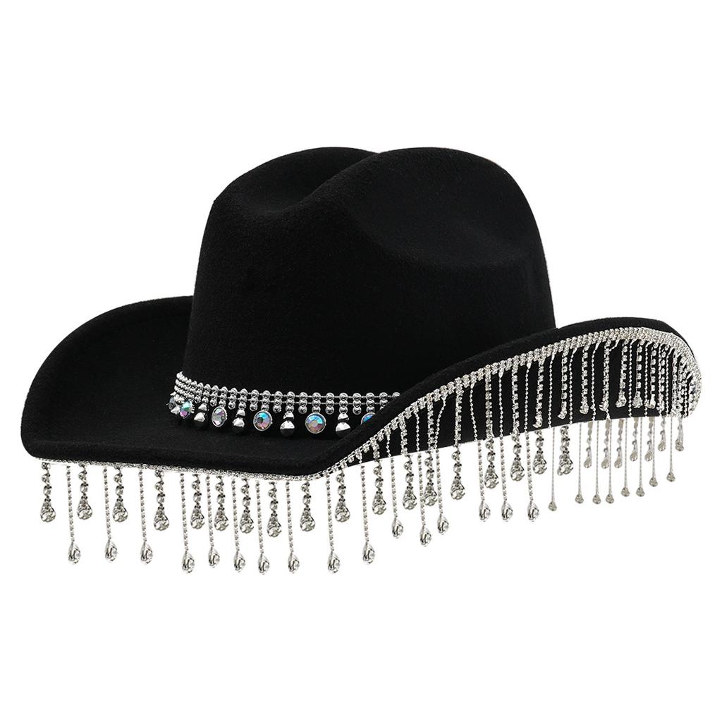 Men's and Women's Cowboy Hats, Panamanian Top Hats, Three-dimensional Round Gemstones, Round Diamonds with Rhinestone Tassels, Wedding Gifts