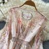 French Romantic-Style Printed Long-Sleeve Dress for Women Autumn V-Neck Puff Sleeves Elastic Waist A-Line Elegant Long Maxi Dress