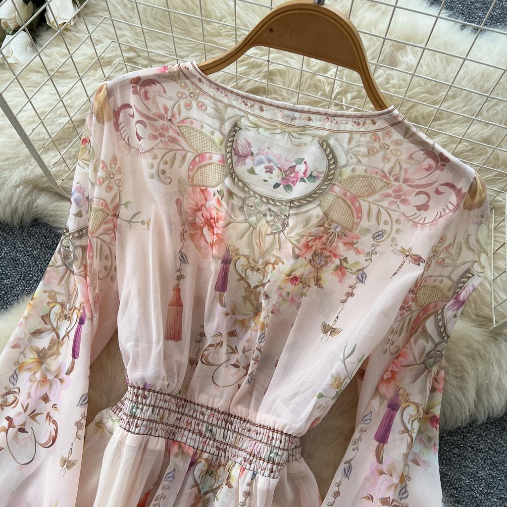 French Romantic-Style Printed Long-Sleeve Dress for Women Autumn V-Neck Puff Sleeves Elastic Waist A-Line Elegant Long Maxi Dress