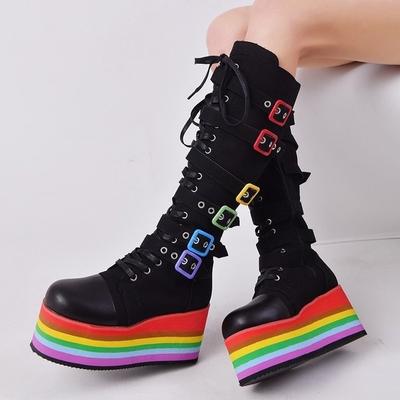 Knee High Boot Women Fashion Novelties  Rainbow Platform Cowboy Boots Designer Thick Sole Shoes Botas Altas Plataforma Mujer