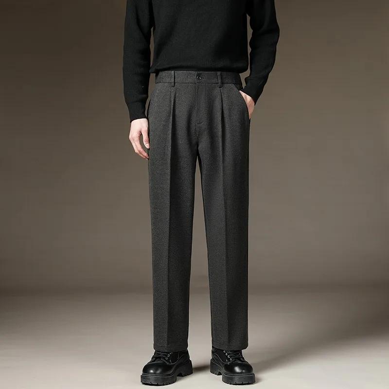 2026 Spring Men Business Casual Suit Pants Men Slim Fit Woolen Fabric Pants Men Streetwear Oversized Pants Male Warm Trousers