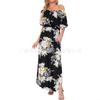 Summer new printed one-word shoulder short-sleeved long dress