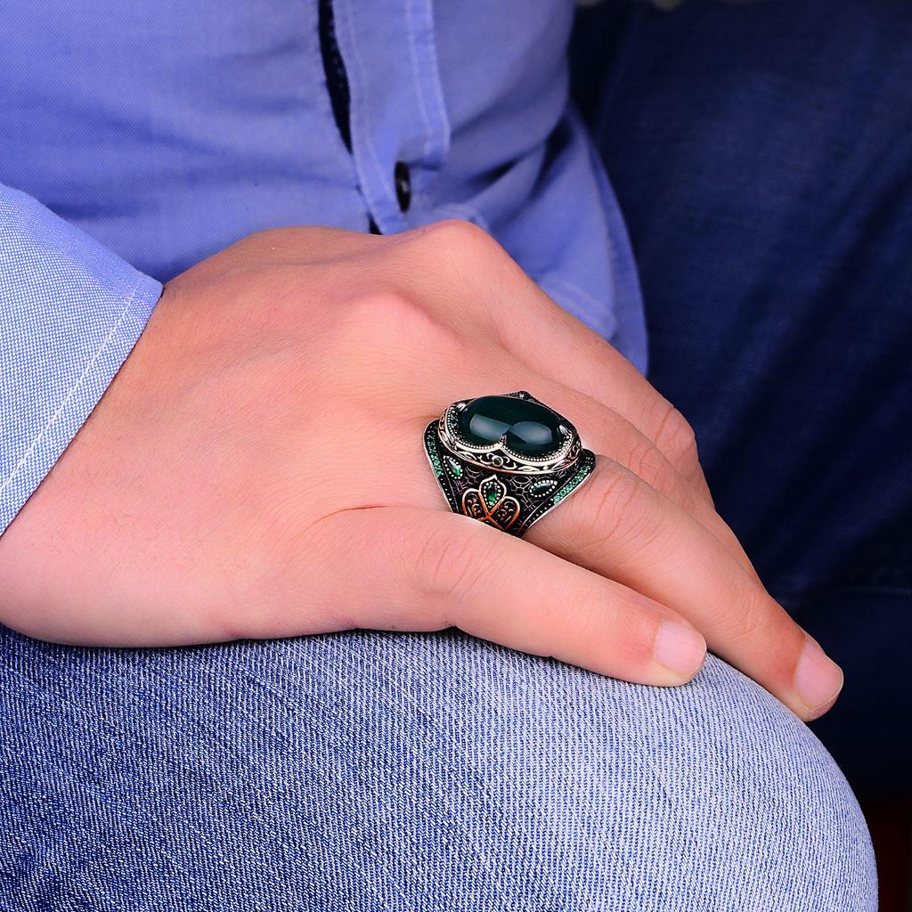 Pierścionek męski ze srebra próby 925 K Jadeit, ręcznie robiony turecki projekt osmański, wyjątkowa biżuteria w stylu historycznym, rzemieślnicze oświadczenie dla niego