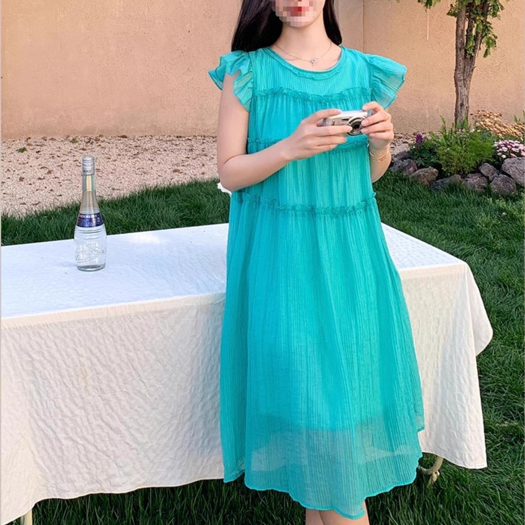 Coffee Break French Blue Small Flying Sleeve Dress Women's Summer Sense Dopamine Seaside Resort Wind Beach A-word Long Dress