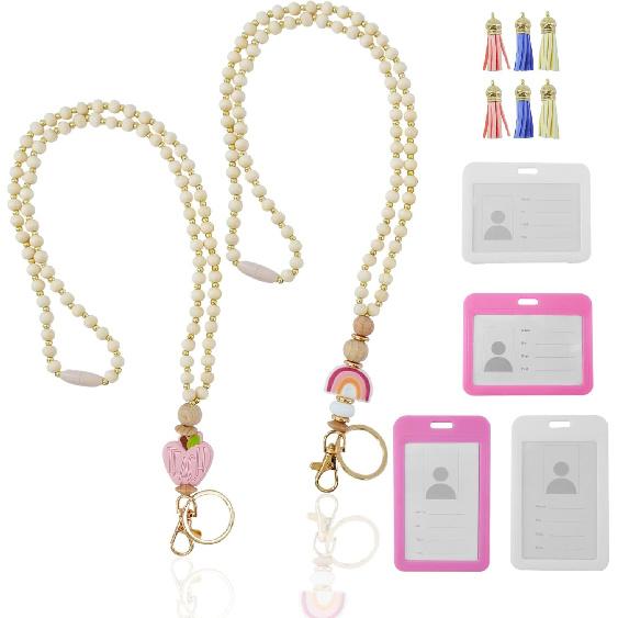 2Pcs teacher lanyard with id holder teacher lanyard With 6 tassels (purple, pink, beige) and 4 ID. covers (2 white and 2 pink)