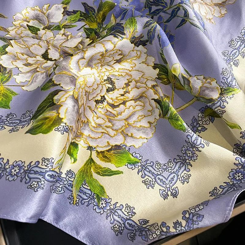 Luxury  Floral Print Square Silk Scarf for Women Hijab Hair Bands Neckerchief Female Satin Shawl Ribbon Headband Fashion