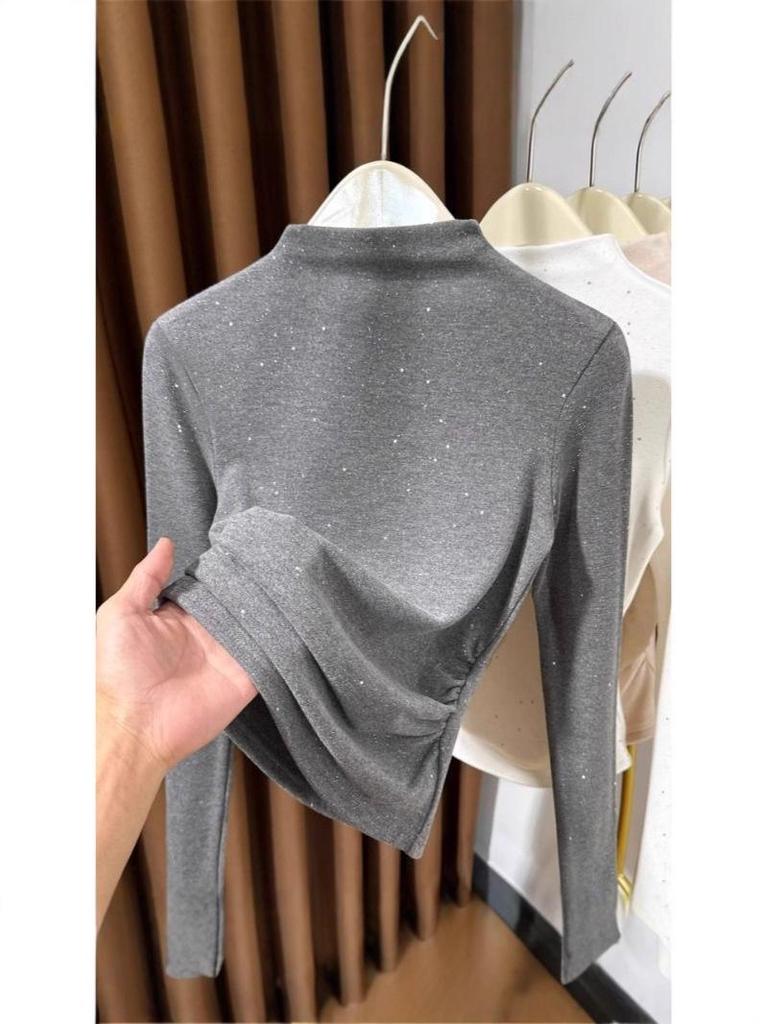 Women's Black Thermal Fleece Slimming Long-Sleeve Top with Half-High Neck - Stylish Base Layer for Autumn/Winter