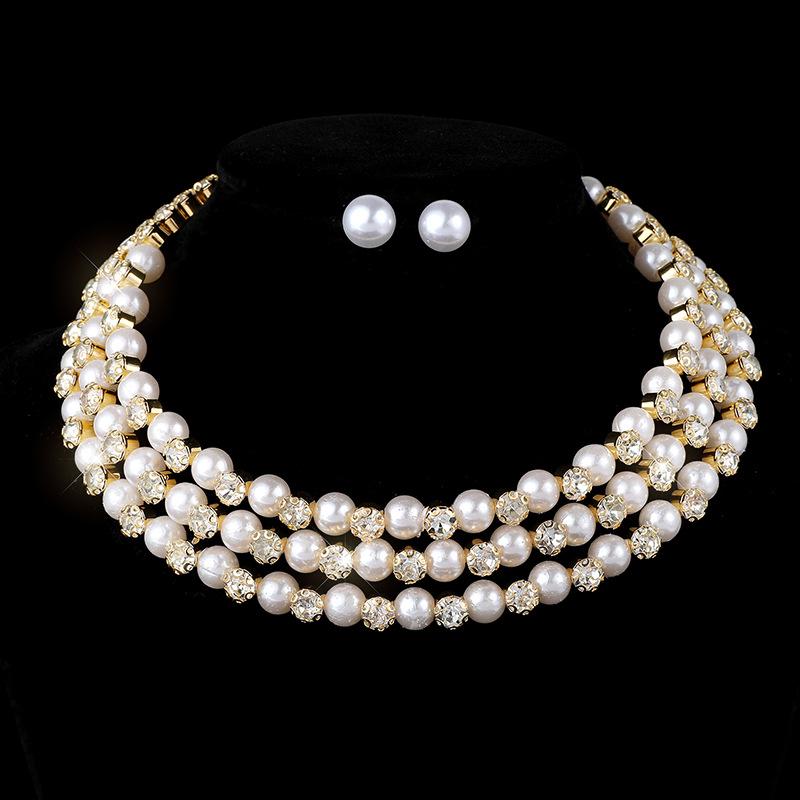 Imitation Pearl Necklace Earrings Bridal Wedding Pearl Rhinestone Neck Chain Stud Earrings Set Jewelry Women