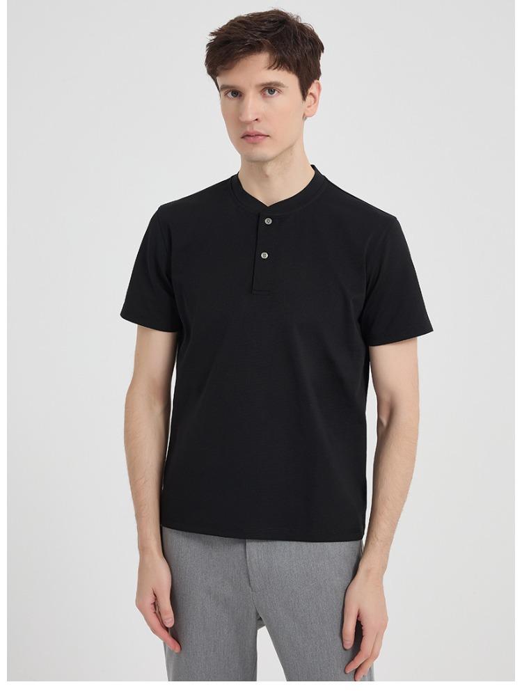 Youth Double-sided Lyocell Mercerized Cotton T-shirt Stand-collar Black Premium Short-sleeve Minimalist Lightweight Breathable Business T-shirt
