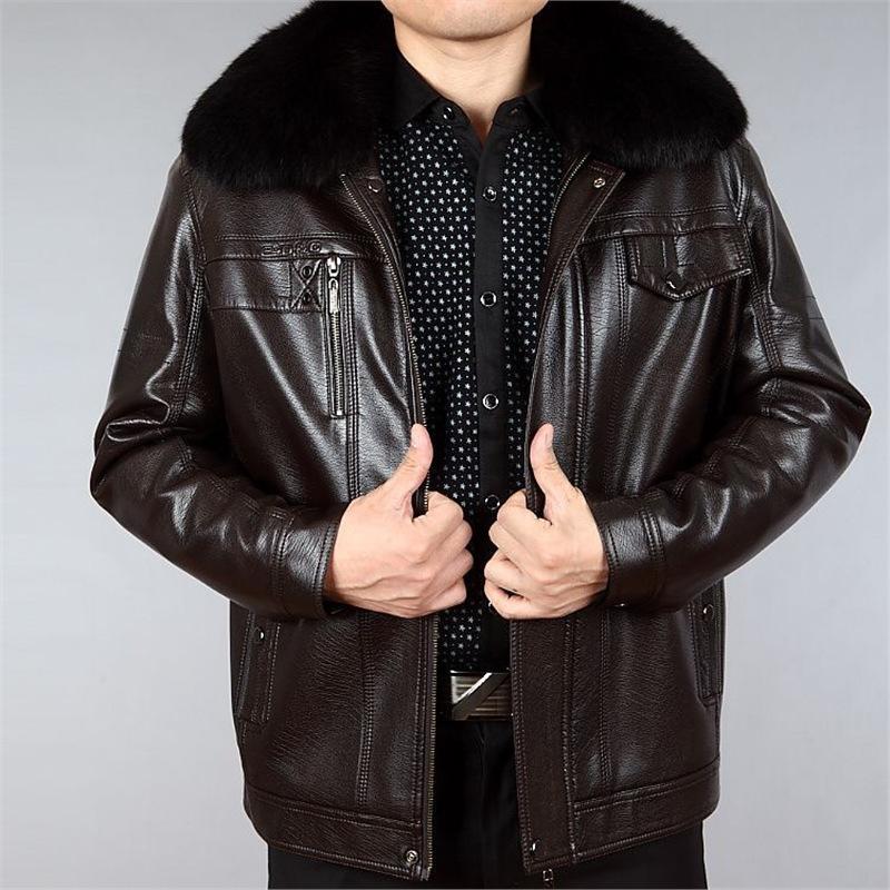 Winter new men's leather jacket lapel collar fur collar middle-aged leather jacket dad casual velvet leather jacket men's clothing