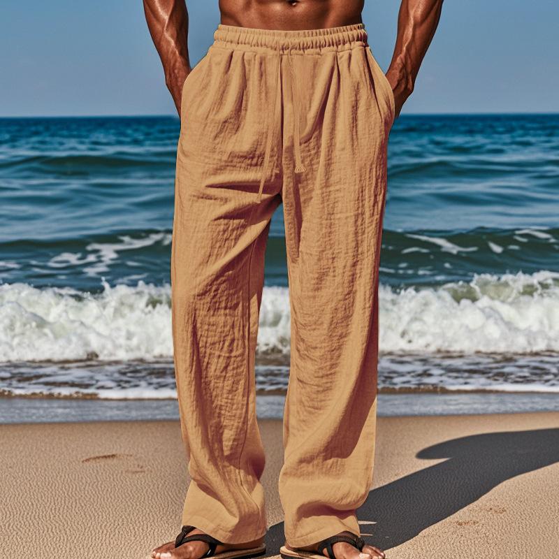

New Cotton and Linen Loose Men s Large Size Loose Solid Color Casual Lace-up Trousers XXXL хакі