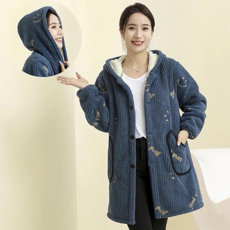 Coat Plush for Women Fleece Thickened Winter Double Layer Windbreaker Oversize Casual Hooded Jacket