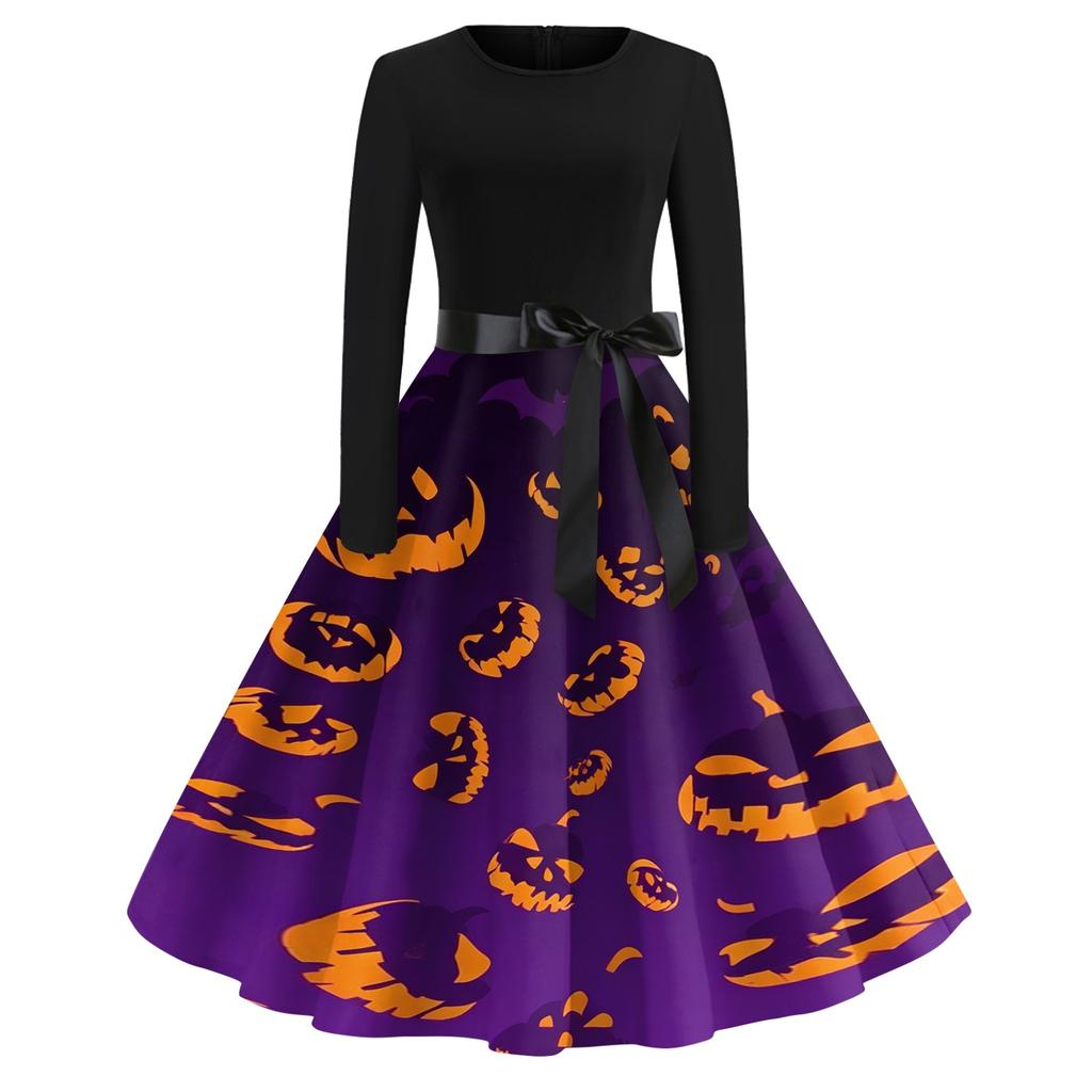 Vintage Dress for Women Retro Halloween Dress with Pumpkin Skull Print Long Sleeve Western Dress for Women Boho Maxi Dress