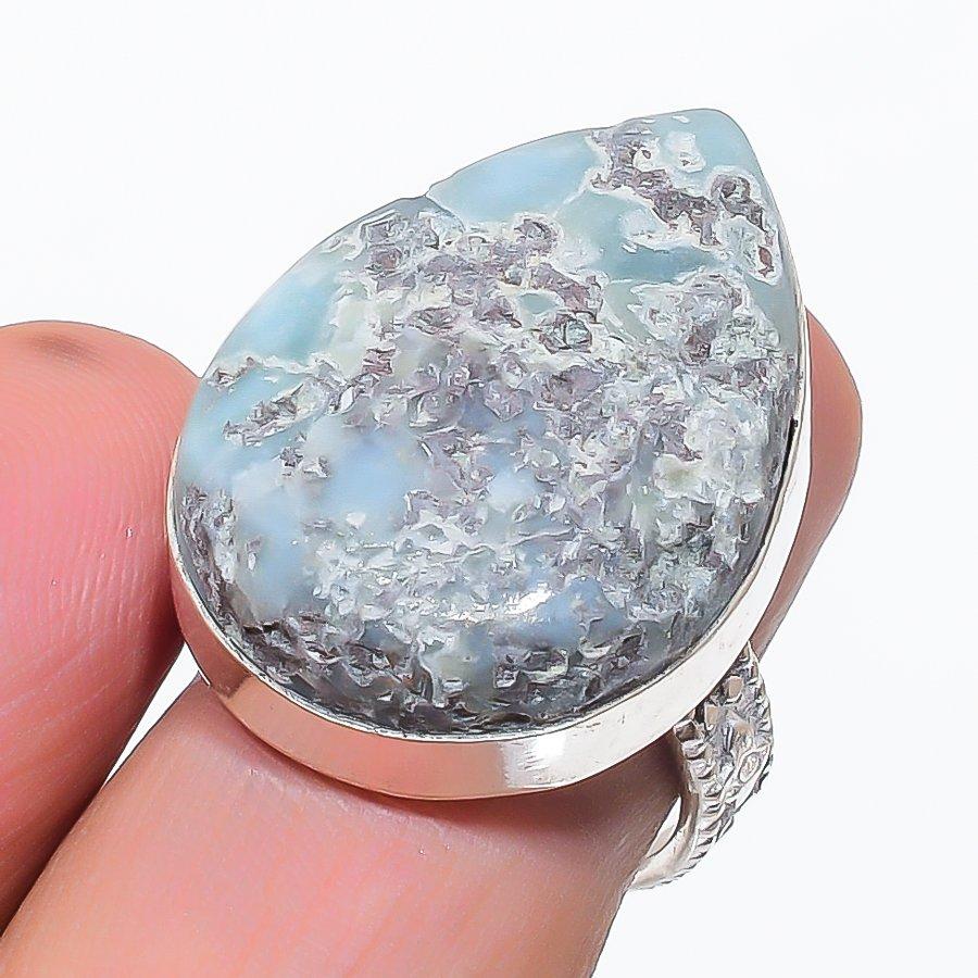 

Natural Larimar Gemstone Handmade 925 Sterling Silver Jewelry Ring Size 7 v9N45