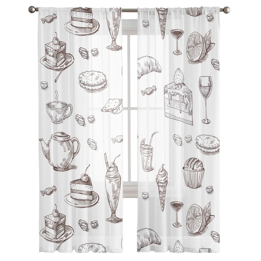 Afternoon Tea Cake Dessert White Curtain Living Room Home Kitchen Bedroom Window Decor Chiffon Tulle Voile Curtains With Light Filtering Polyester