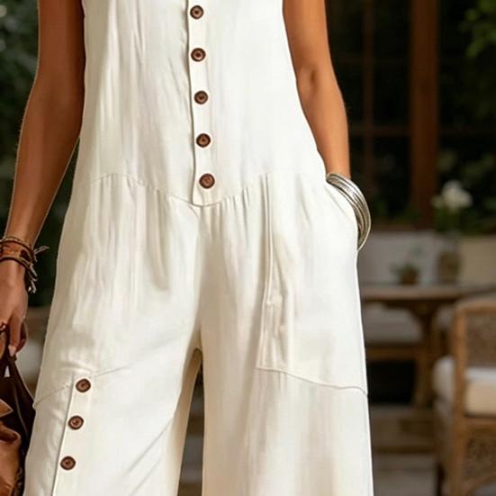 Women Button Down Jumpsuits, Sleeveless Crew Neck Casual Wide Leg Rompers, Summer Loose Overall with Pockets