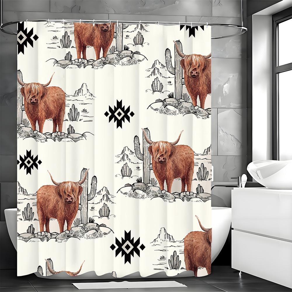Western Desert Cow Cactus Geometric Pattern Shower Curtain, Bathroom Decorative Shower Curtain, Waterproof Shower Curtain with H