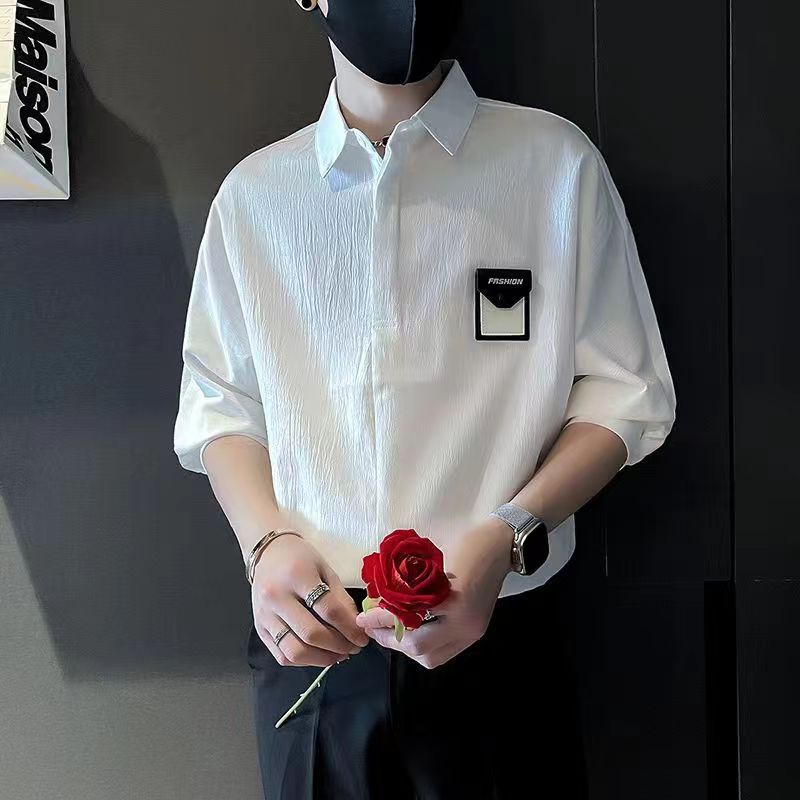 Men's Casual Loose and Handsome New Ice Silk Three-quarter Sleeve Shirt