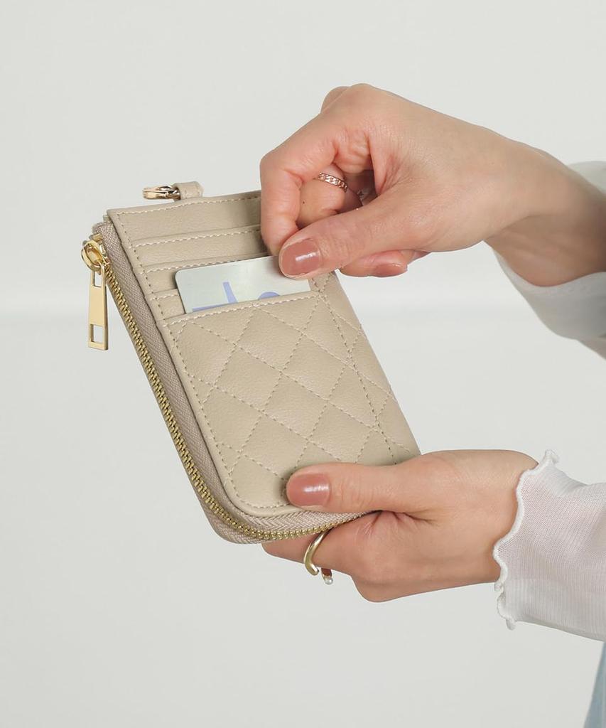 Greige Fragment Slim Quilted Card Case with Coin Commuter Pass IC Card Gold Stylish and Cute [Altrose] Case, Women's Wallet, Purse, Keychain, Holder,