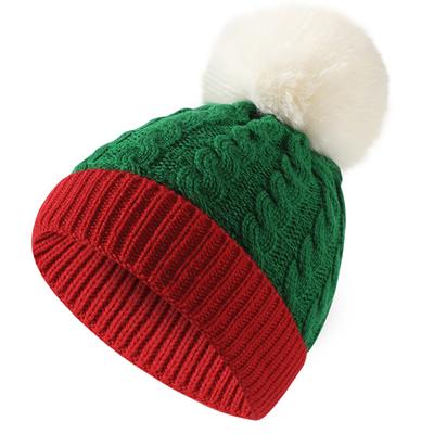 Unisex Winter Rot und Grün Patchwork Pompoms Strickmütze Weihnachtsmütze für Damen Herren