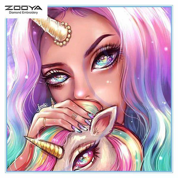 

ZOOYA DIY Алмазная картина Вышивка Полный дрель Алмазная мозаика Единорог Девушка Вышивка крестом Домашний декор