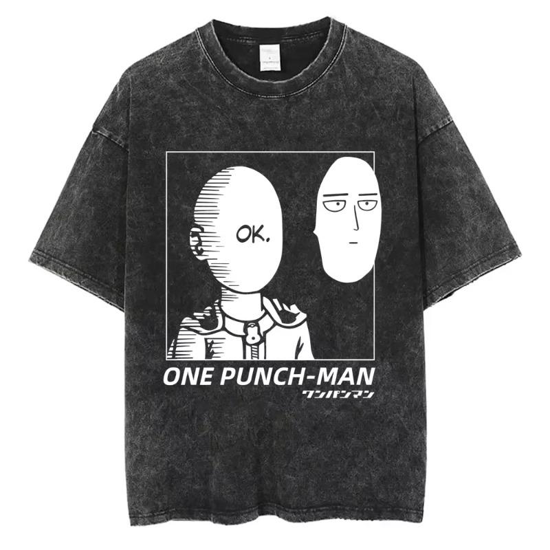 Gewaschenes Vintage Anime One Punch Man Saitama Saitamas Fitnessstudio Lustiges Meme Grafik T-Shirt Herren Damen Fitness Freizeit Übergroße T-Shirts