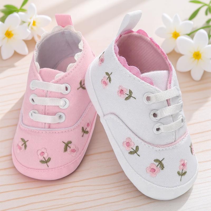 Floral Embroidered Soft Sole Non-Slip Baby Walking Shoes Toddler Canvas Sneakers for Boys Girls