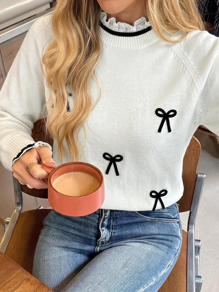 Autumn/Winter 2026 Color Block Bow Lace Patchwork Sweater for Women